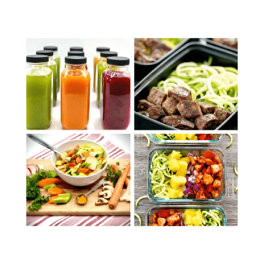 Collage of healthy food images including smoothies, a salad, and prepped meals.