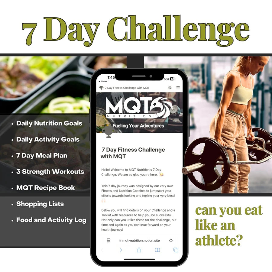 A 7-Day Fitness Challenge plan with lifestyle images of food, exercise, and fitness.