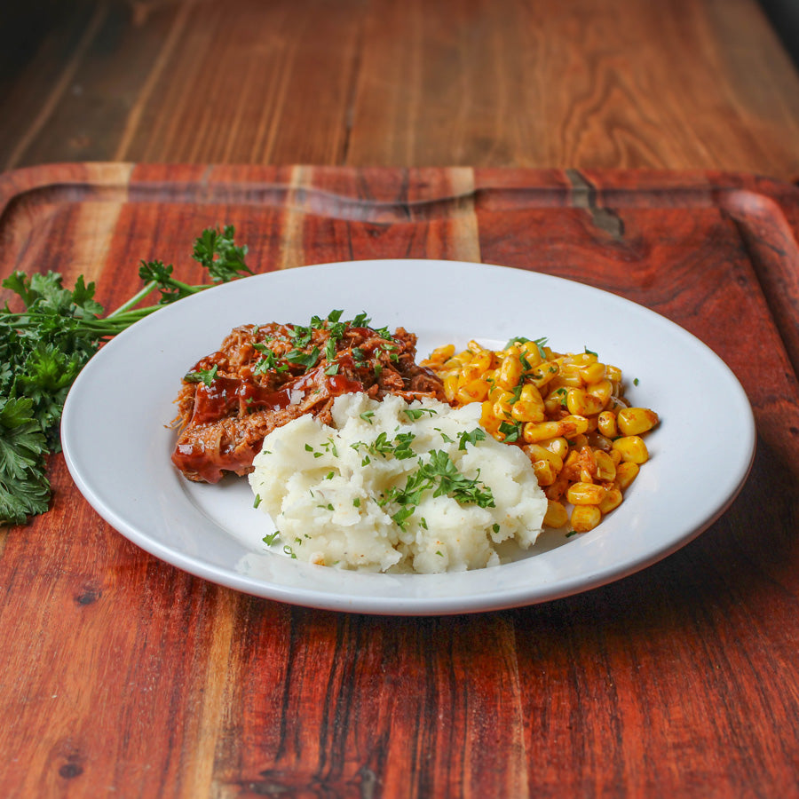 BBQ Shredded Pork with Mashed Potatoes and Corn