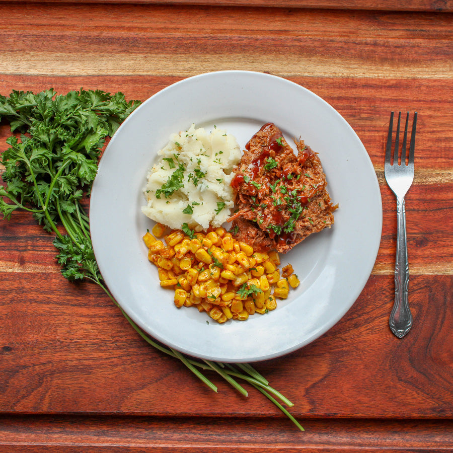 BBQ Shredded Pork with Mashed Potatoes and Corn