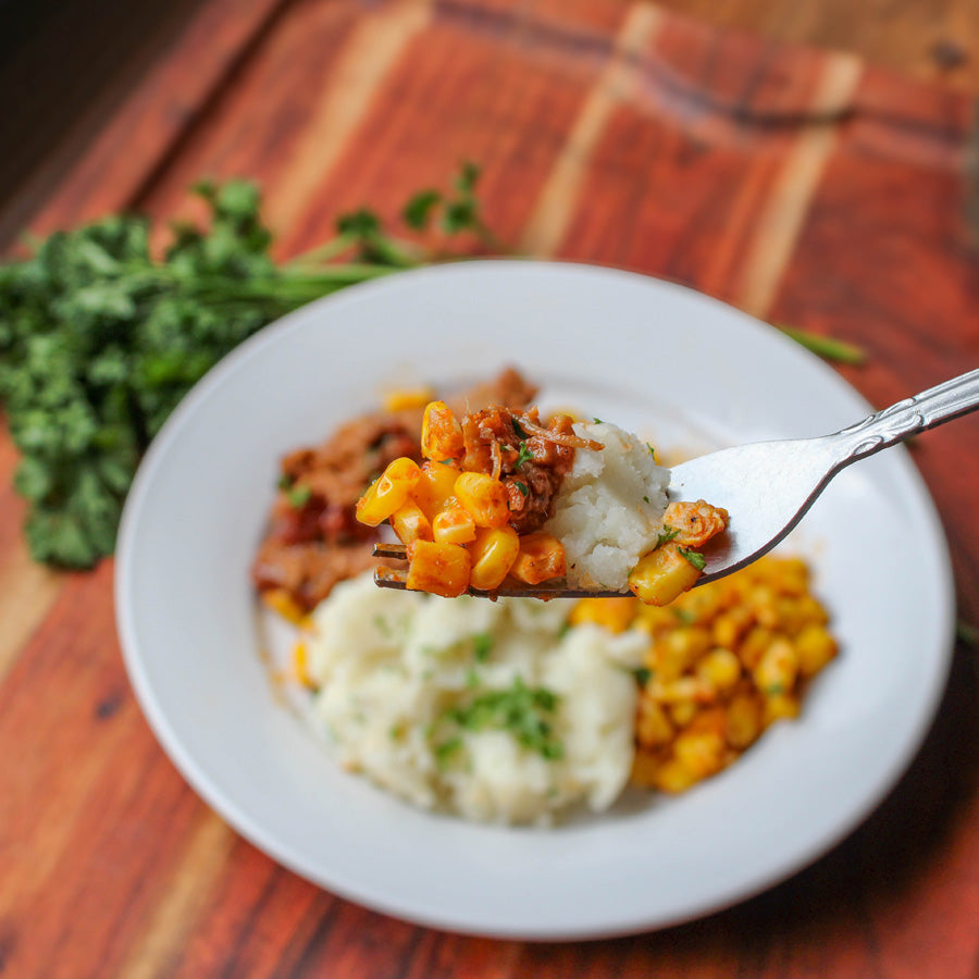 BBQ Shredded Pork with Mashed Potatoes and Corn