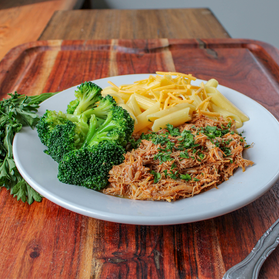 BBQ Shredded Chicken with Mac n' Cheese and Broccoli