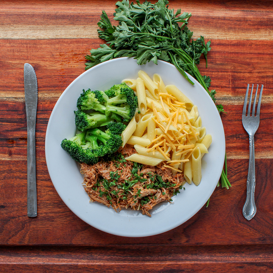 BBQ Shredded Chicken with Mac n' Cheese and Broccoli