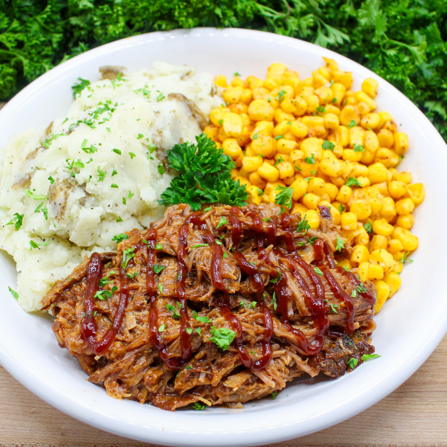 BBQ Shredded Pork with Mashed Potatoes and Corn