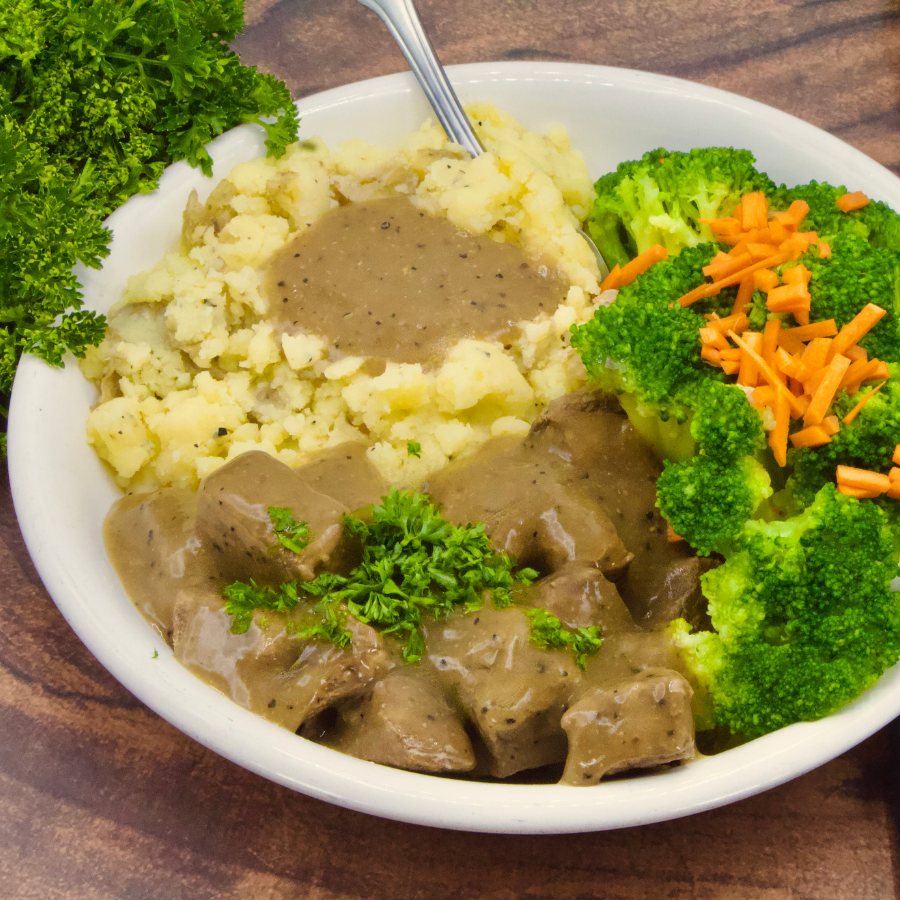 Beef Tips with Mashed Potatoes and Broccoli