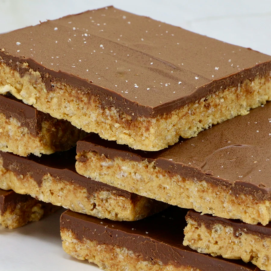 Stack of chocolate-covered rice crispy bars