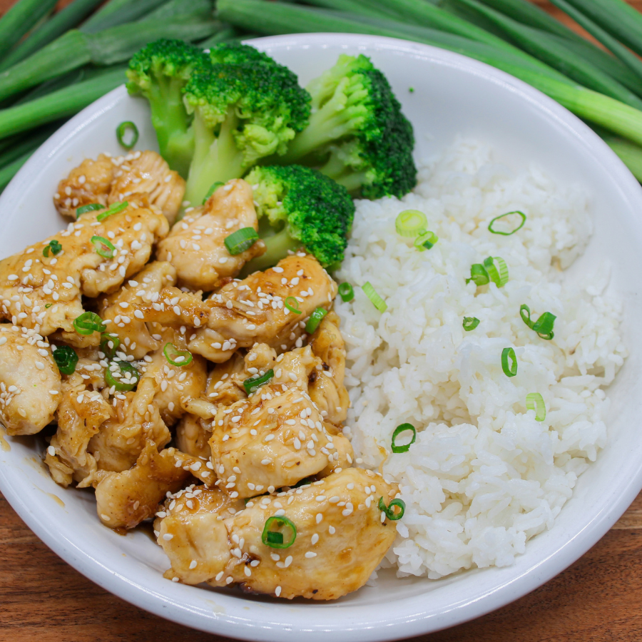 Honey Sesame Chicken with Rice and Broccoli