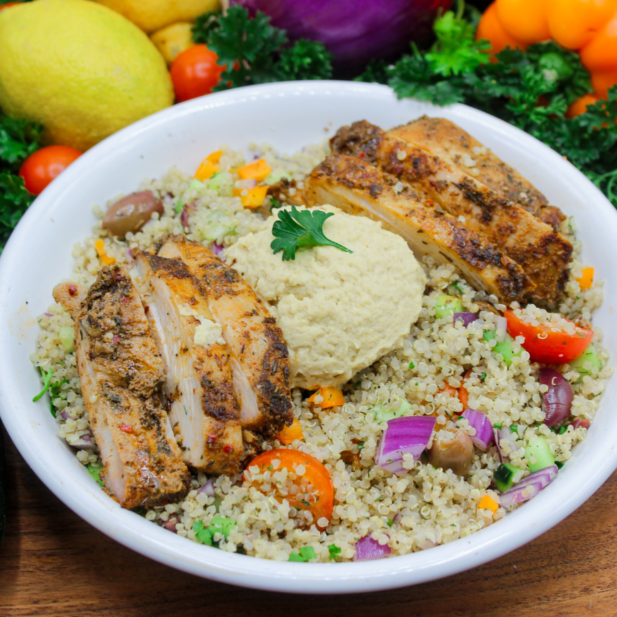 Mediterranean Quinoa with Chicken Thighs and Hummus