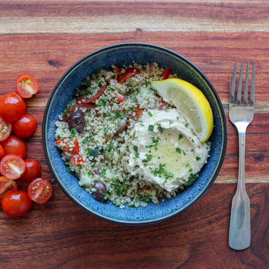 Plant Based - Greek Quinoa Bowl with Roasted Garlic Hummus