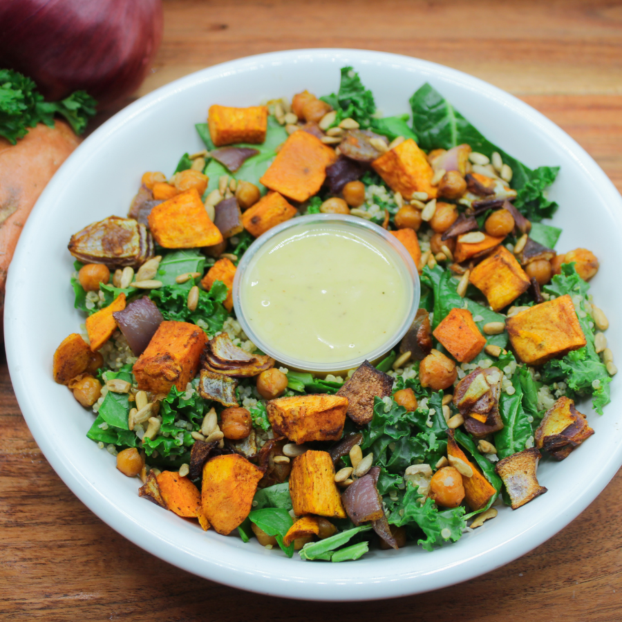 Plant Based - Quinoa Power Bowl with Roasted Sweet Potato, Spinach, Sunflower Seeds & Honey Mustard