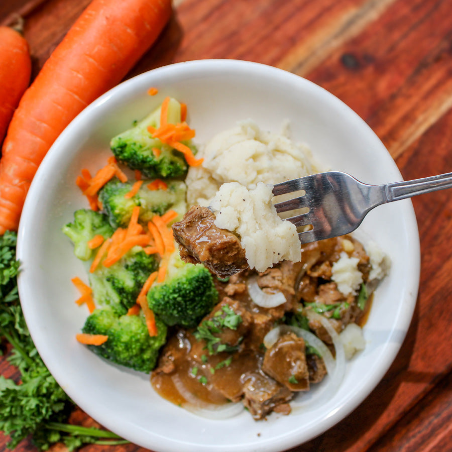 Beef Tips with Mashed Potatoes and Broccoli