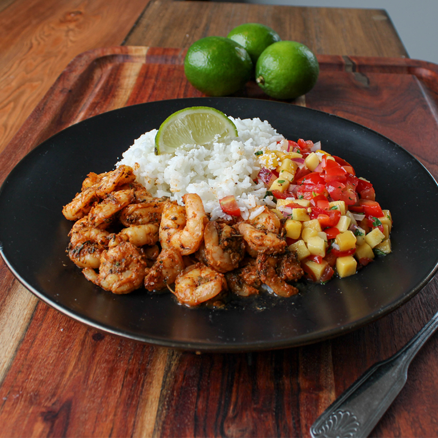Blackened Shrimp with Coconut Rice and Mango Salsa