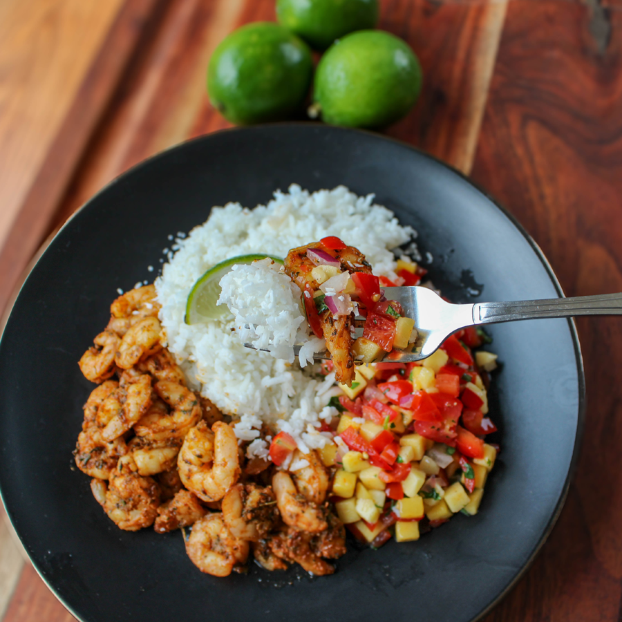 Blackened Shrimp with Coconut Rice and Mango Salsa