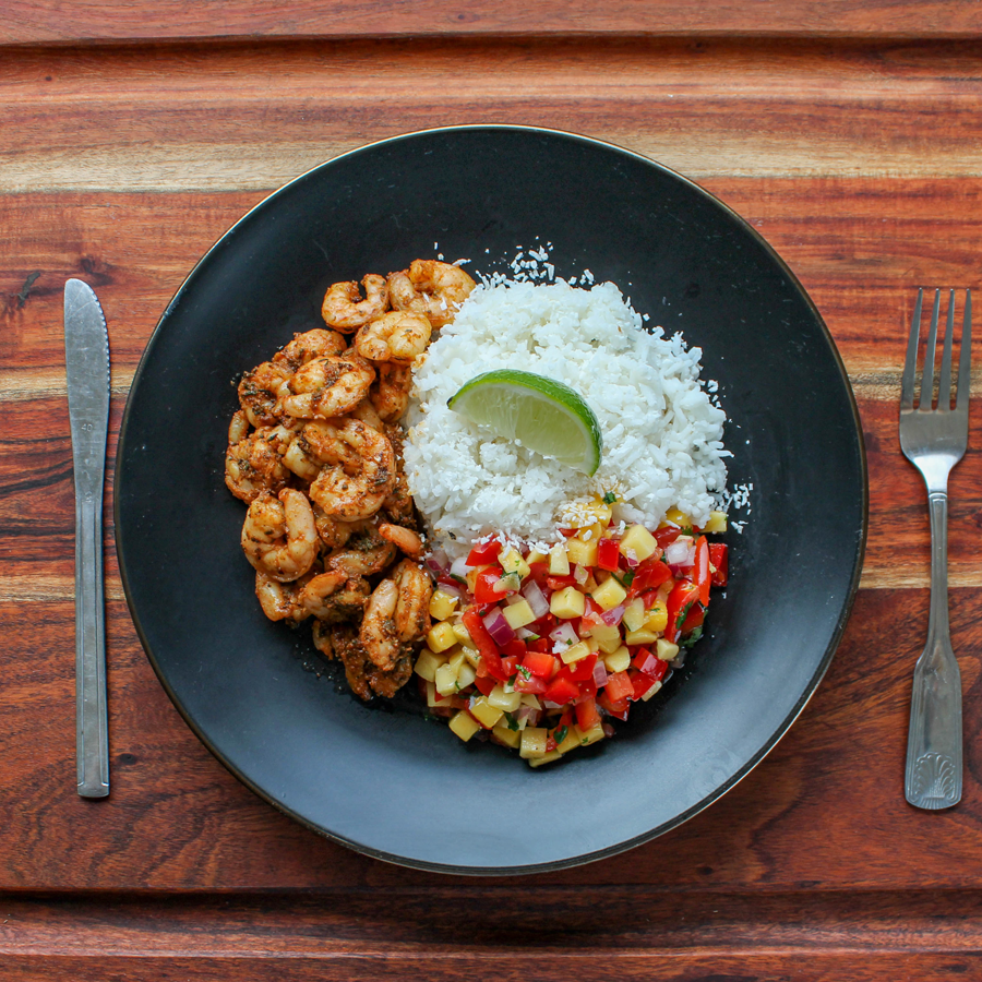 Blackened Shrimp with Coconut Rice and Mango Salsa