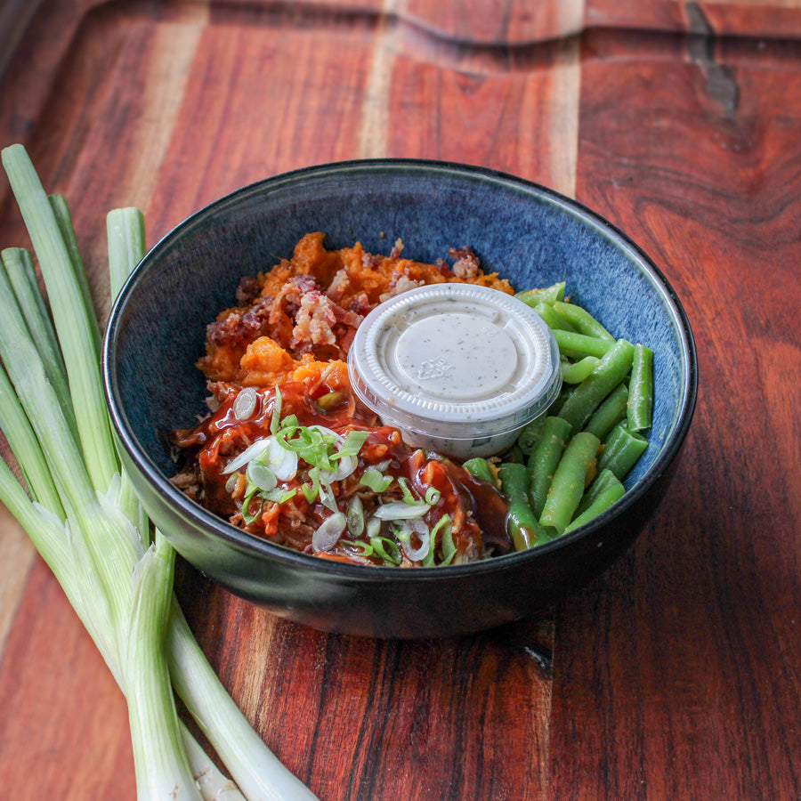BBQ Shredded Chicken with Bacon, Sweet Potato, Green Beans and Ranch