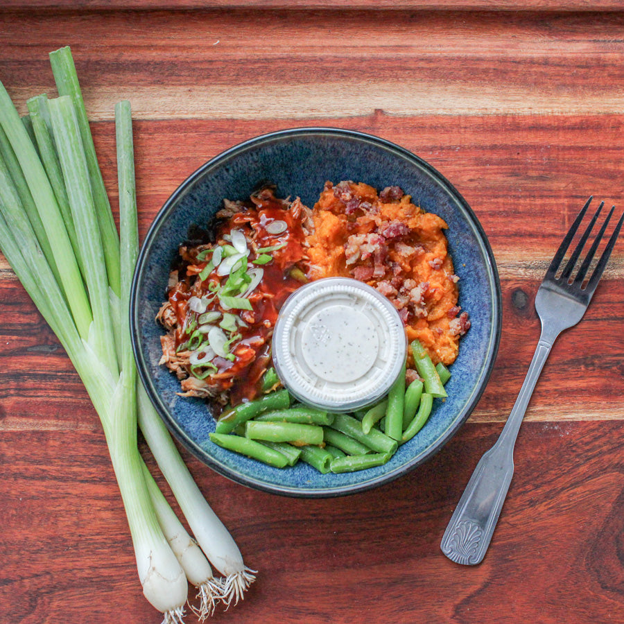 BBQ Shredded Chicken with Bacon, Sweet Potato, Green Beans and Ranch