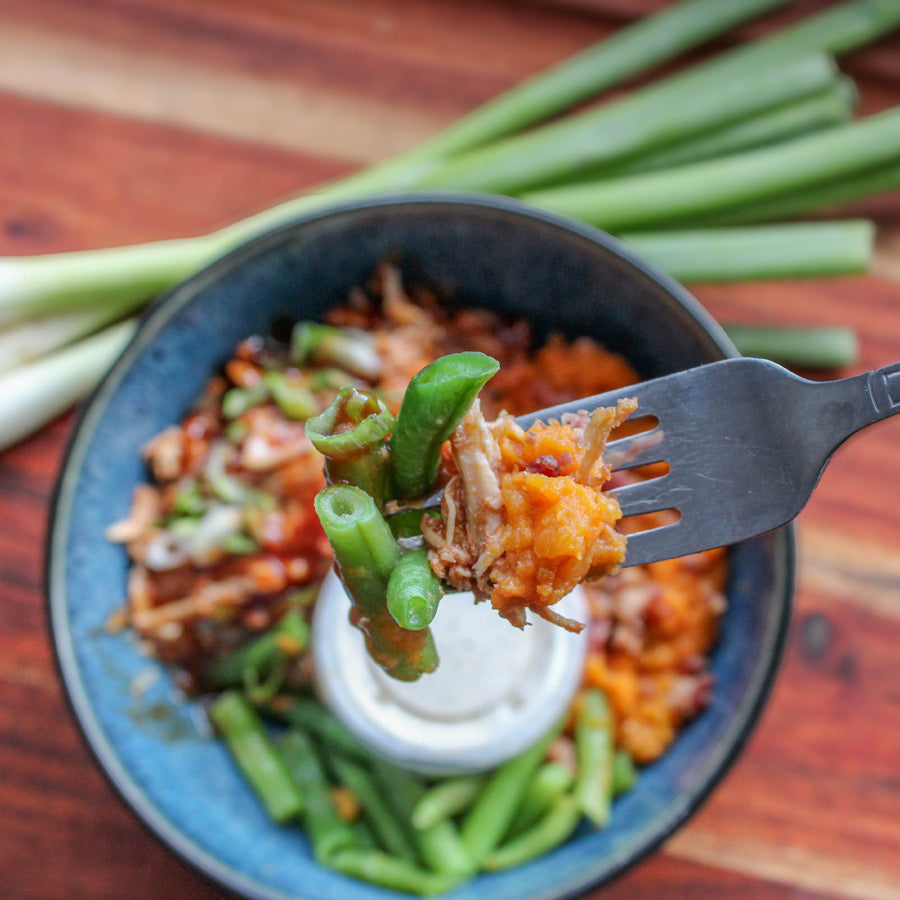 BBQ Shredded Chicken with Bacon, Sweet Potato, Green Beans and Ranch