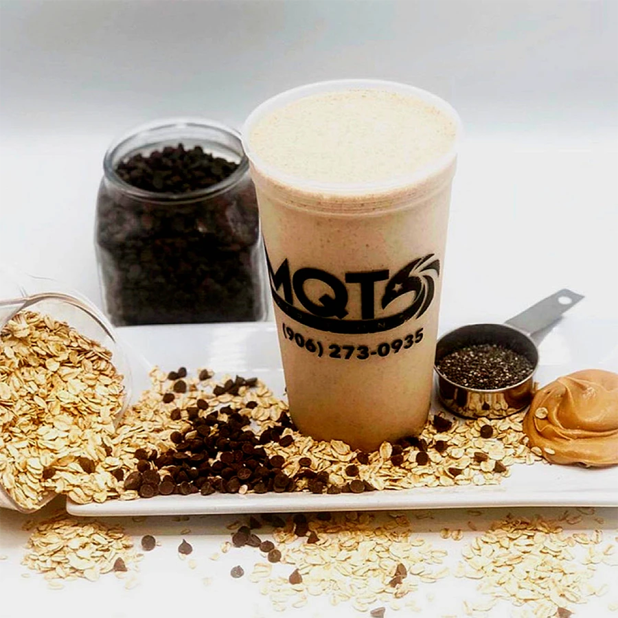 Smoothie with oats, chocolate chips, and cookie dough.