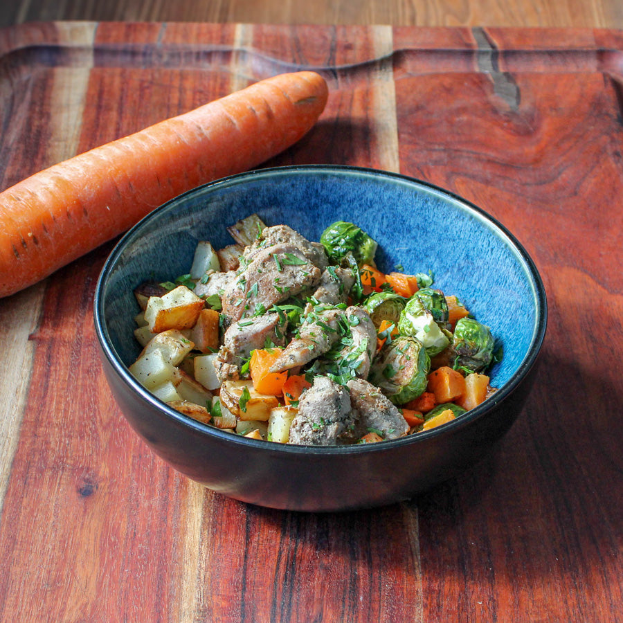 Garlic-Herb Pork Tenderloin w/ Potatoes, Carrots, & Brussels Sprouts