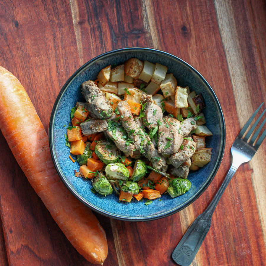 Garlic-Herb Pork Tenderloin w/ Potatoes, Carrots, & Brussels Sprouts
