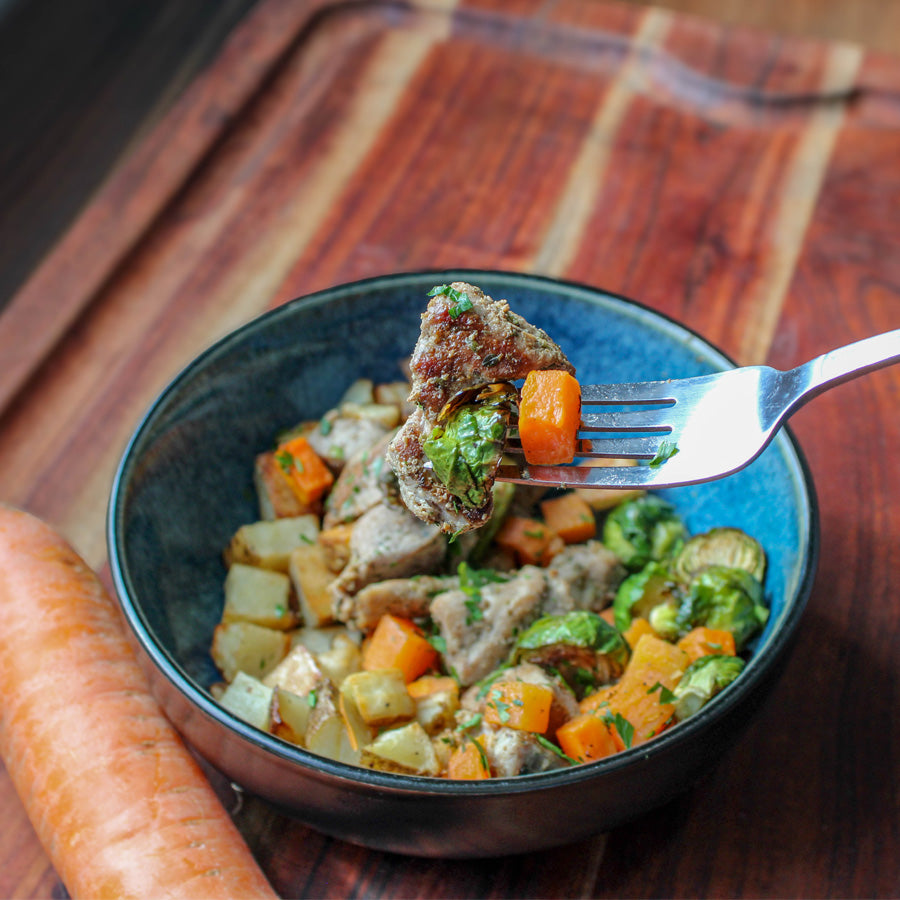 Garlic-Herb Pork Tenderloin w/ Potatoes, Carrots, & Brussels Sprouts