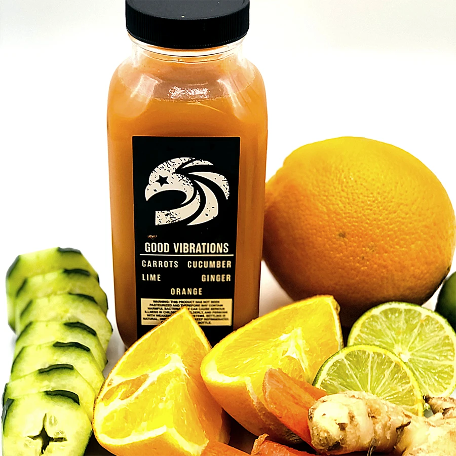 Bottle of 'Good Vibrations' juice with fruits and vegetables.