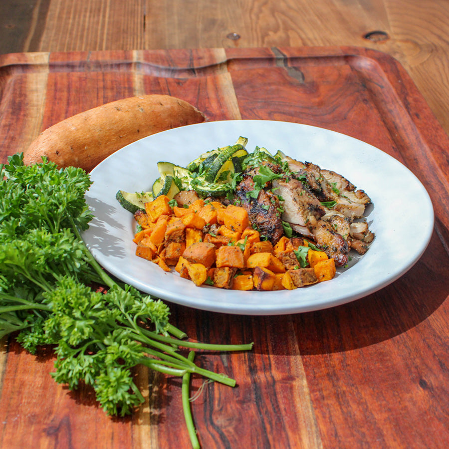 Grilled Chicken Thighs with Sweet Potatoes and Zucchini