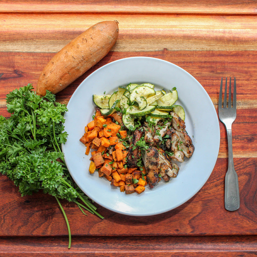 Grilled Chicken Thighs with Sweet Potatoes and Zucchini