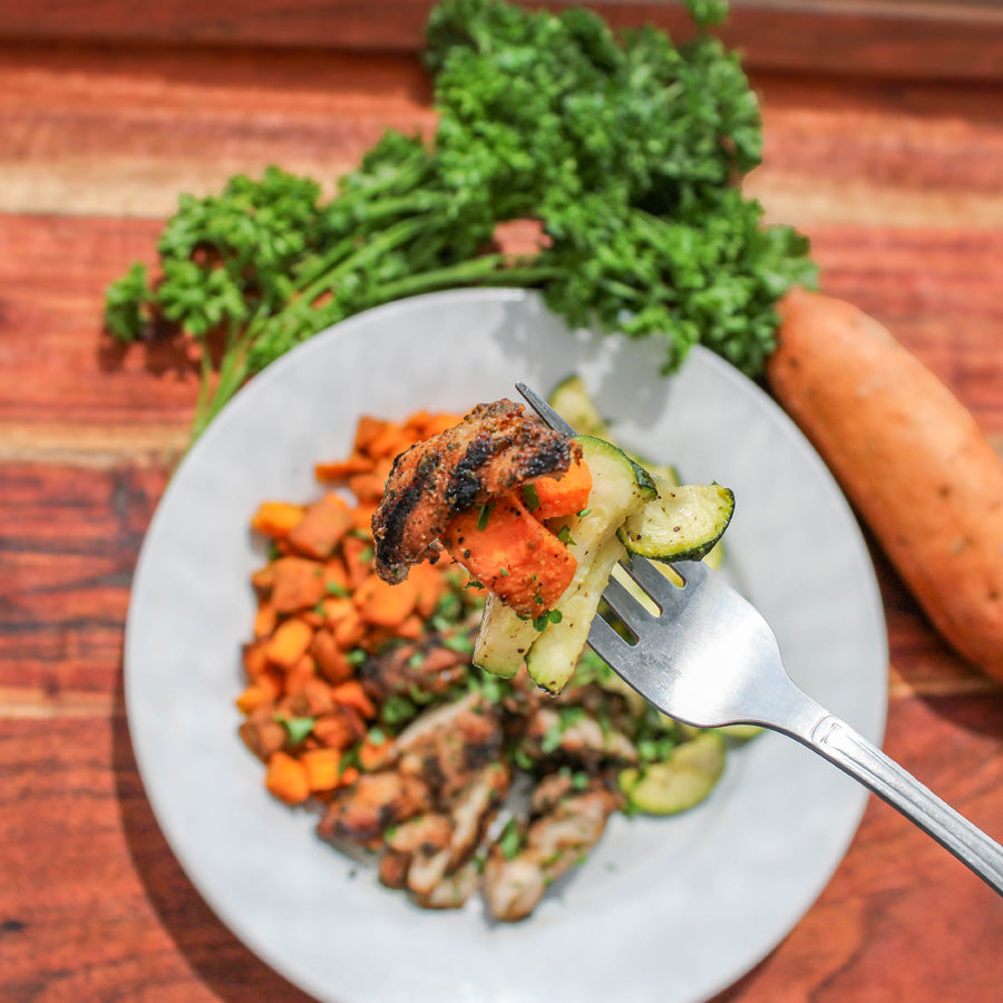 Grilled Chicken Thighs with Sweet Potatoes and Zucchini