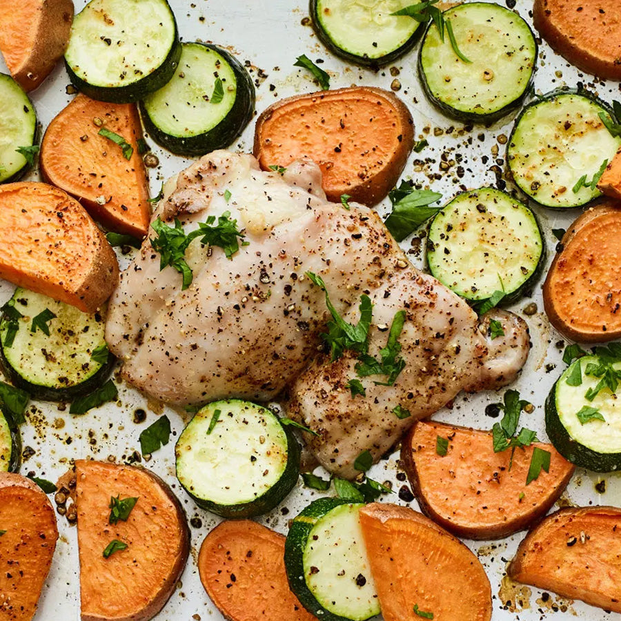 Grilled Chicken Thighs with Sweet Potatoes and Zucchini