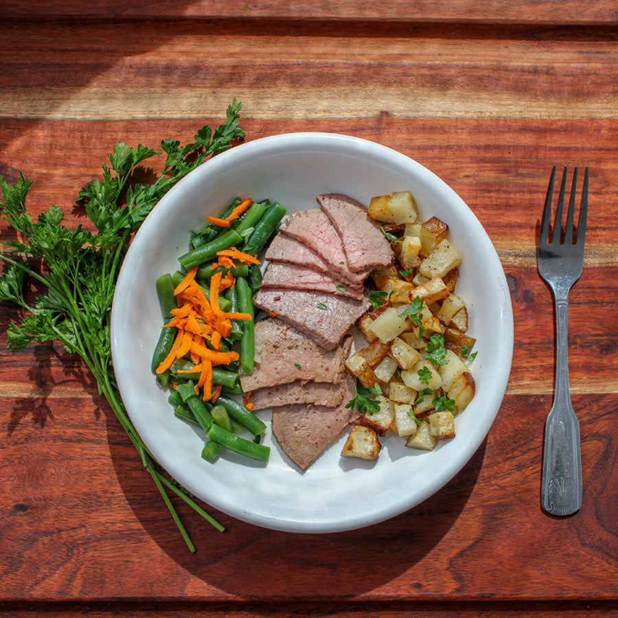 Grilled Steak with Roasted Potatoes and Green Beans