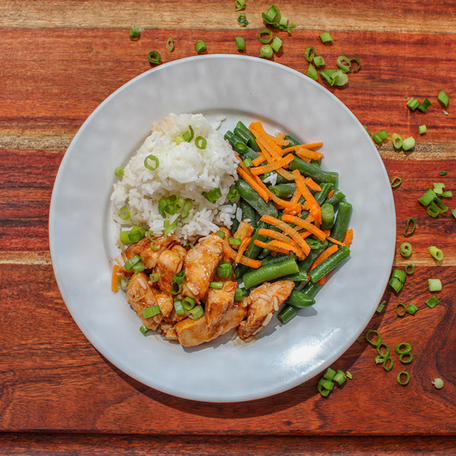 Hawaiian BBQ Grilled Chicken with Rice and Green Beans