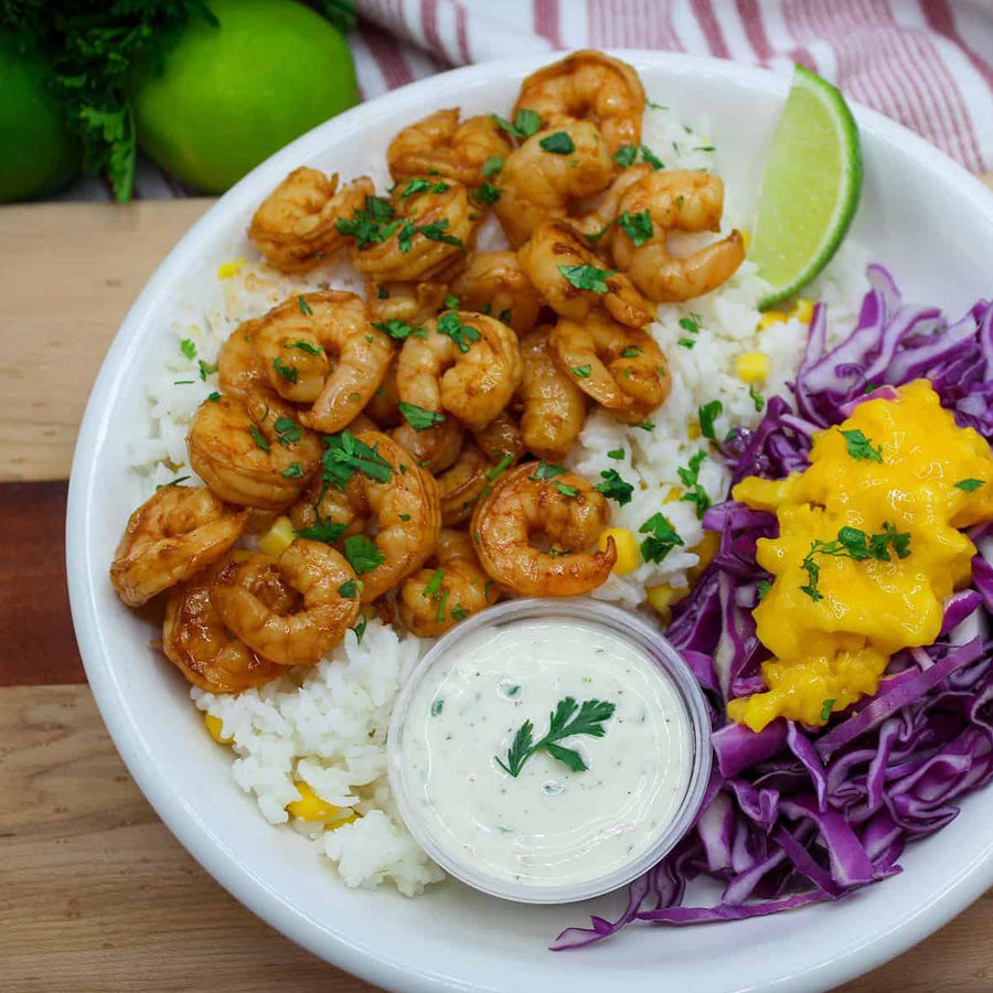 Hawaiian Shrimp Taco Bowl with Cilantro Crema