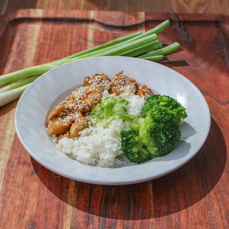 Honey Sesame Chicken with Rice and Broccoli