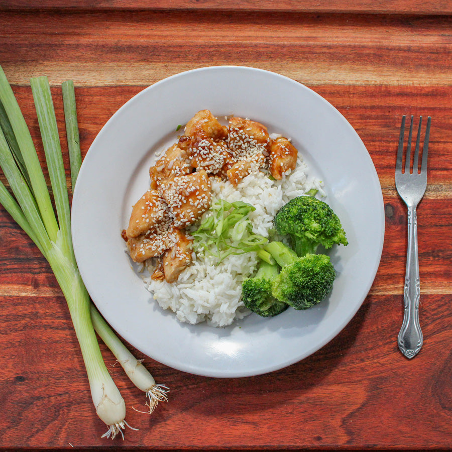 Honey Sesame Chicken with Rice and Broccoli