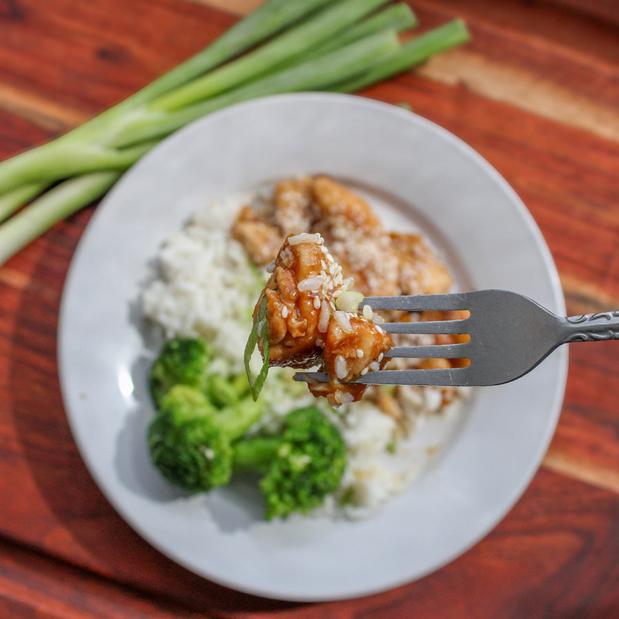 Honey Sesame Chicken with Rice and Broccoli