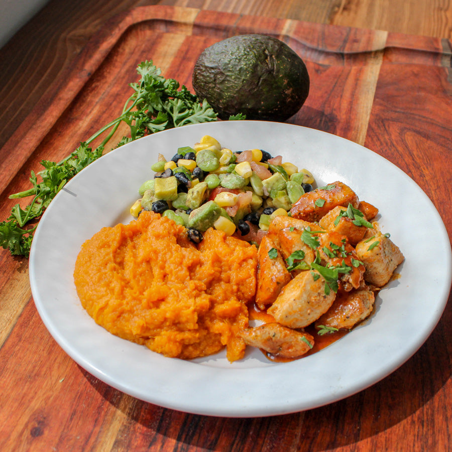 Hot Honey Chicken with Sweet Potatoes and Corn Salad