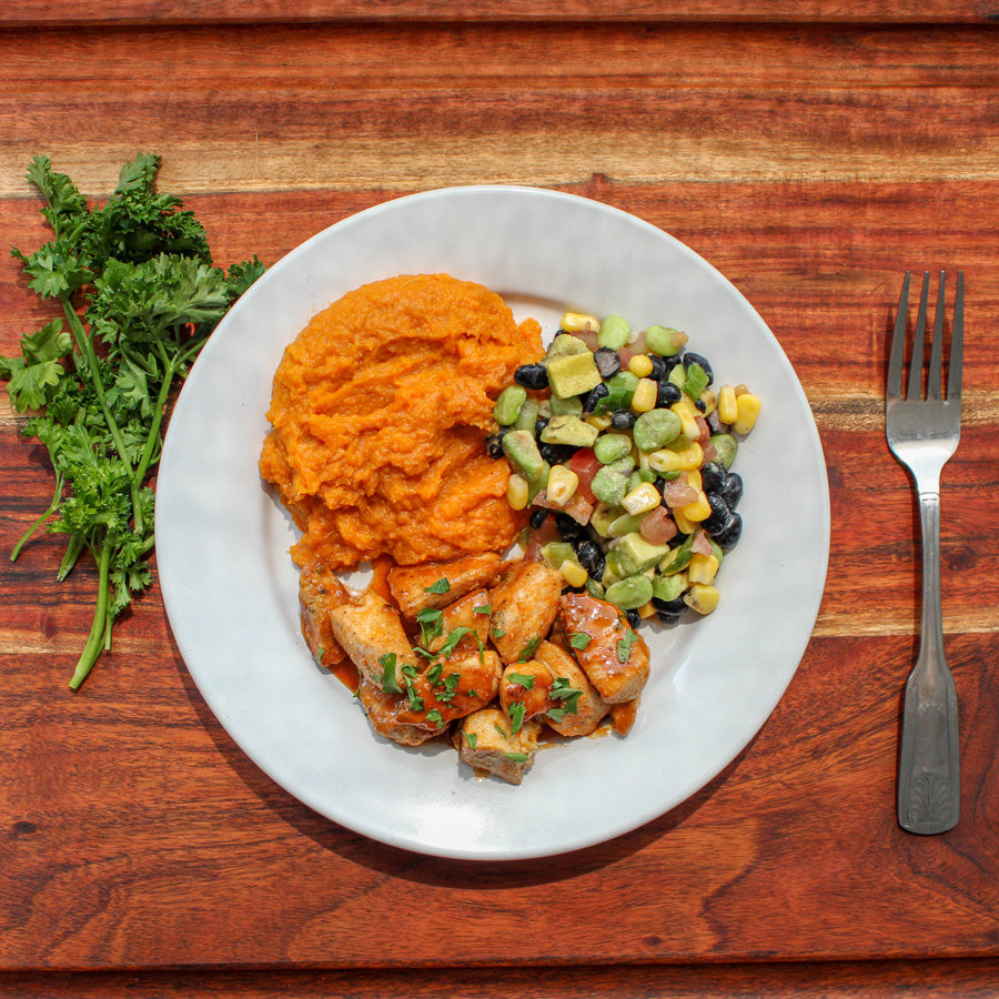 Hot Honey Chicken with Sweet Potatoes and Corn Salad