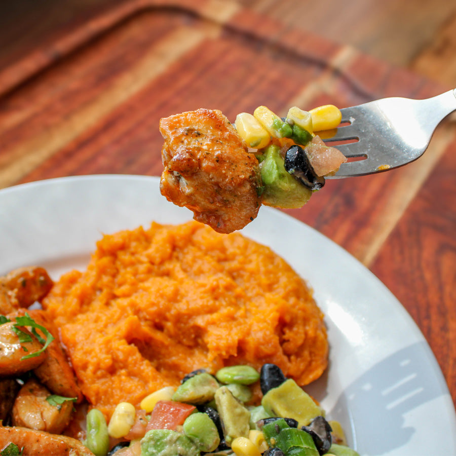 Hot Honey Chicken with Sweet Potatoes and Corn Salad