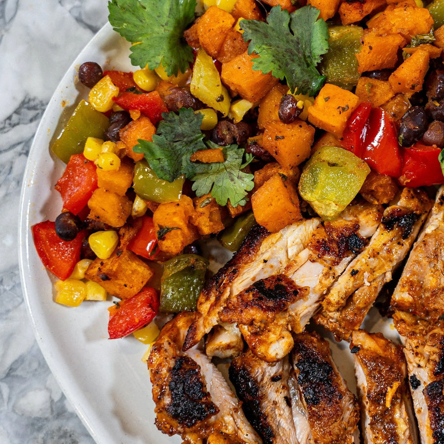 Hot Honey Chicken with Sweet Potatoes and Corn Salad