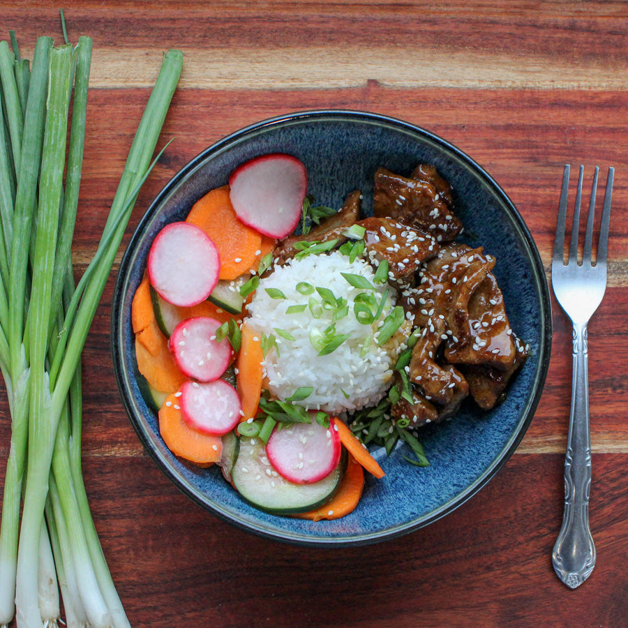 Korean BBQ Beef Bowl w/ White Rice & Pickled Veggies
