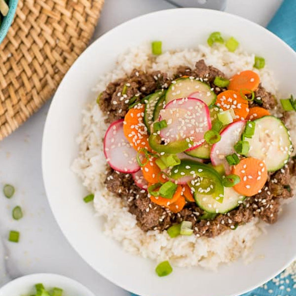 Korean BBQ Beef Bowl w/ White Rice & Pickled Veggies