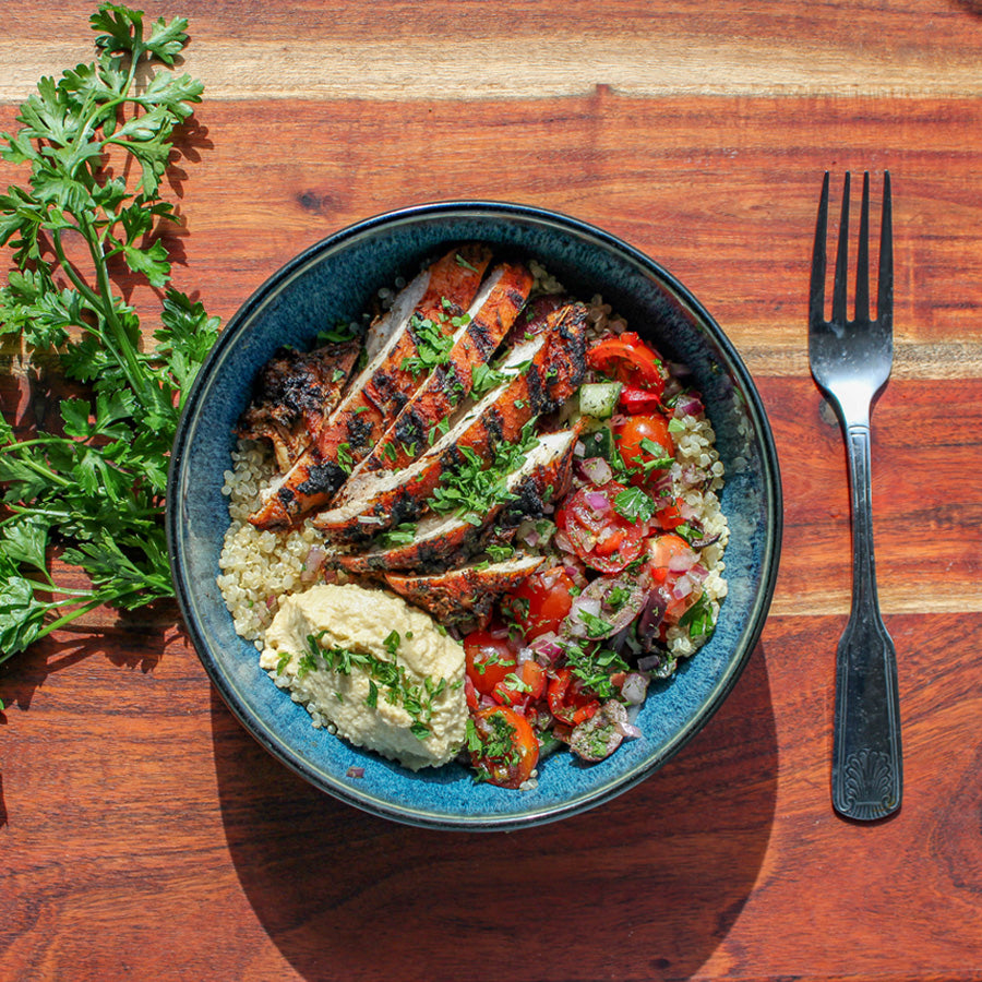 Mediterranean Quinoa w/ Chicken Thighs & Hummus