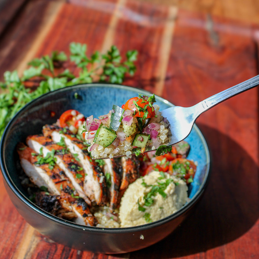 Mediterranean Quinoa w/ Chicken Thighs & Hummus