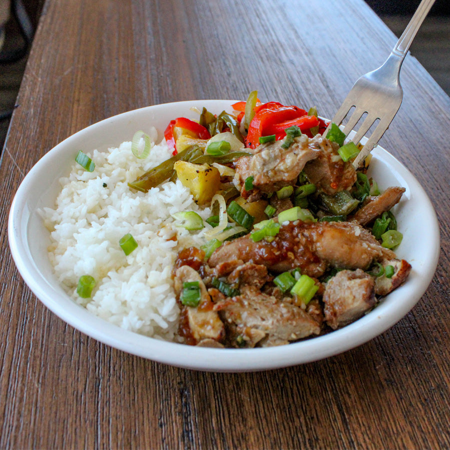 Pineapple Teriyaki Chicken w/ Roasted Peppers & Rice