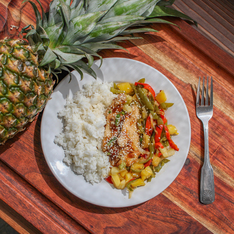 Pineapple Teriyaki Chicken w/ Roasted Peppers & Rice