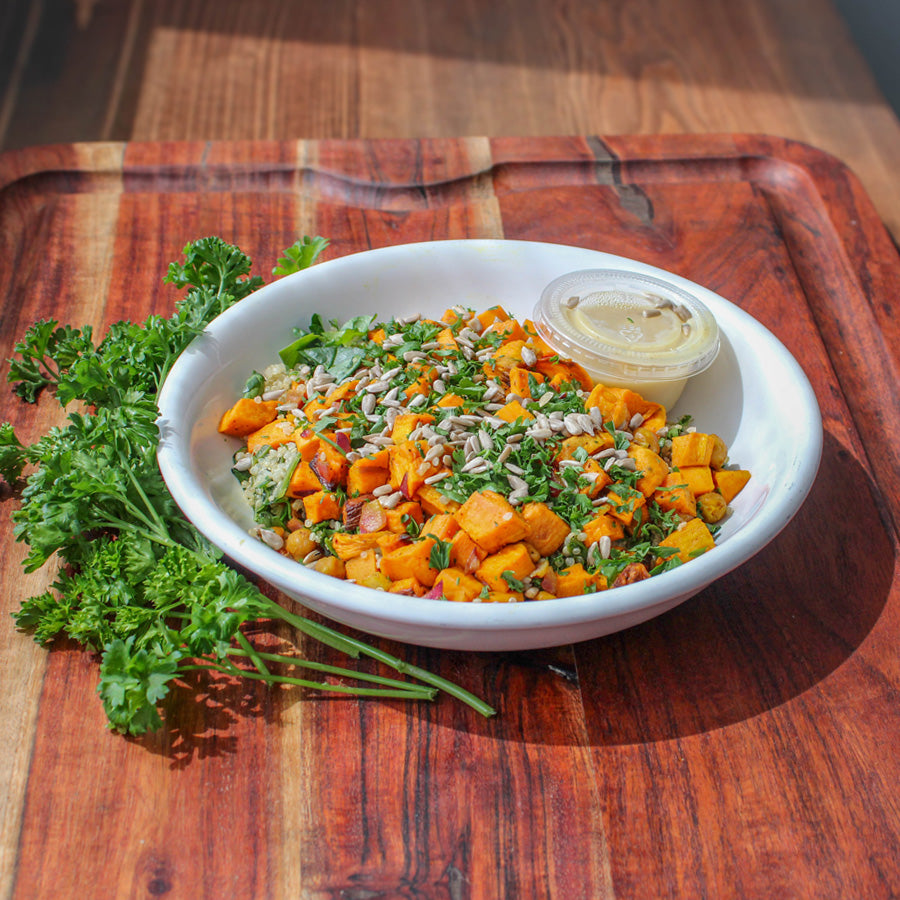 Plant Based - Quinoa Power Bowl with Roasted Sweet Potato, Spinach, Sunflower Seeds & Honey Mustard