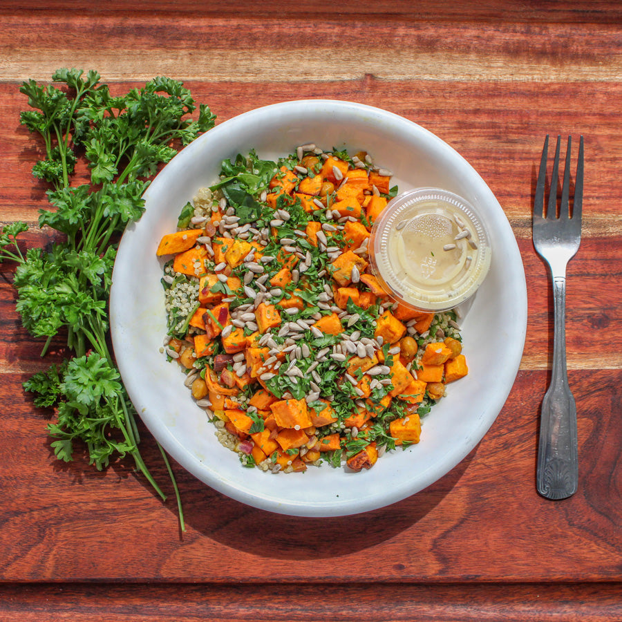 Plant Based - Quinoa Power Bowl with Roasted Sweet Potato, Spinach, Sunflower Seeds & Honey Mustard