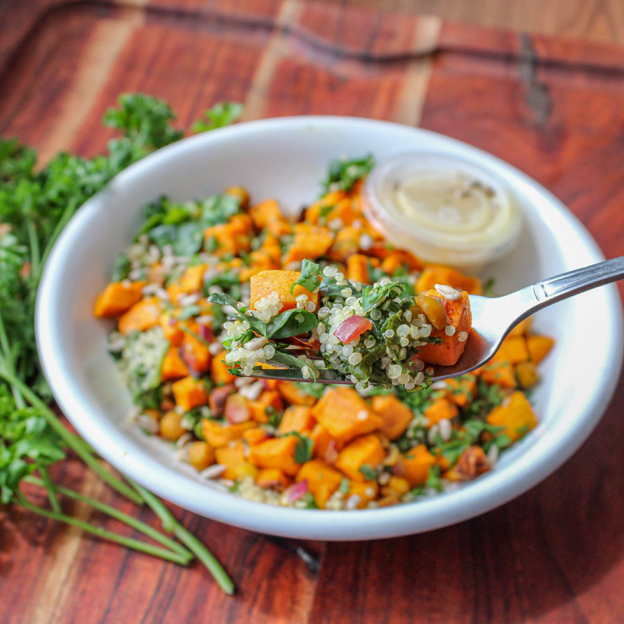 Plant Based - Quinoa Power Bowl with Roasted Sweet Potato, Spinach, Sunflower Seeds & Honey Mustard
