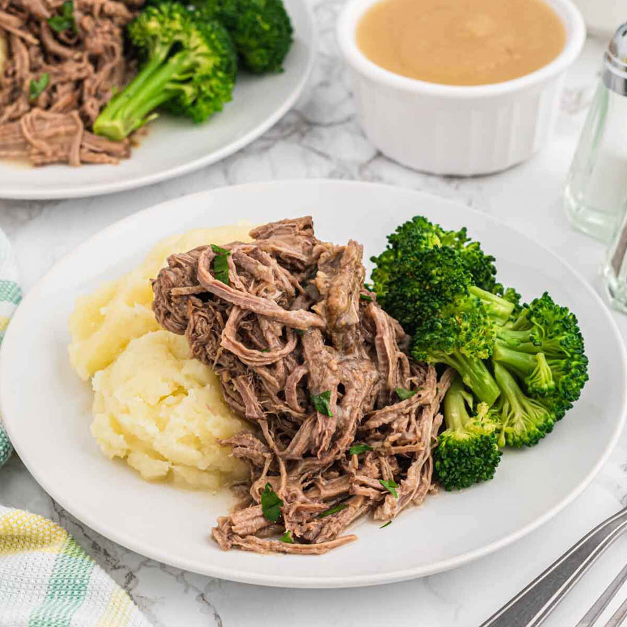 Shredded Beef with Mashed Potatoes and Broccoli